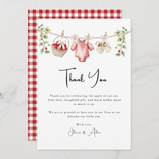 私たちの目の赤ちゃんシャワーのリンゴありがとう サンキューカード (正面/裏面)