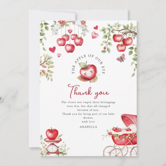私たちの目の赤ちゃんシャワーの甘いリンゴ サンキューカード (正面)