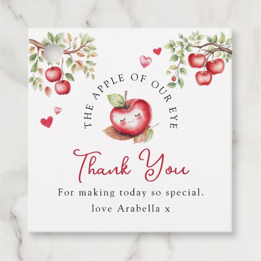 私たちの目の赤ちゃんシャワーの甘いリンゴ フェイバータグ (正面)