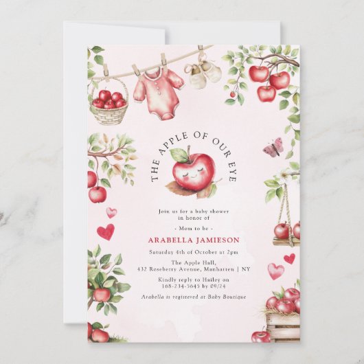 私たちの目の赤ちゃんシャワーの甘いリンゴ 招待状 (正面)