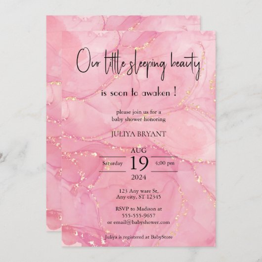 私たちの眠る美しいピンクの赤ちゃんシャワー 招待状 (正面/裏面)