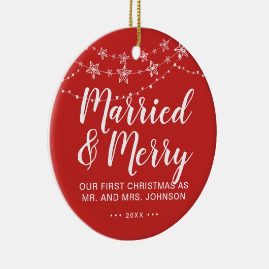 私たちの結婚した初めてのクリスマスとメリーフォトレッド セラミックオーナメント (右)