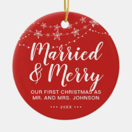 私たちの結婚した初めてのクリスマスとメリーフォトレッド セラミックオーナメント