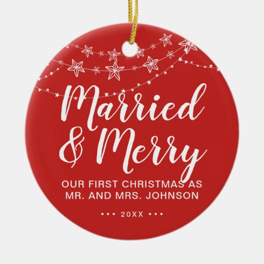 私たちの結婚した初めてのクリスマスとメリーフォトレッド セラミックオーナメント (正面)