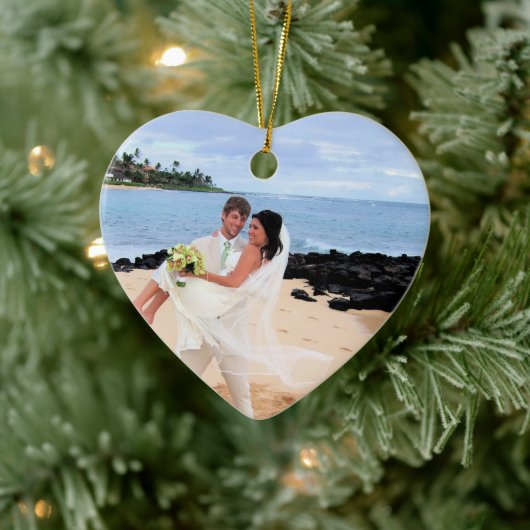 私たちの結婚ピンクのダマスクの渦巻き写真オーナメント セラミックオーナメント (ツリー)