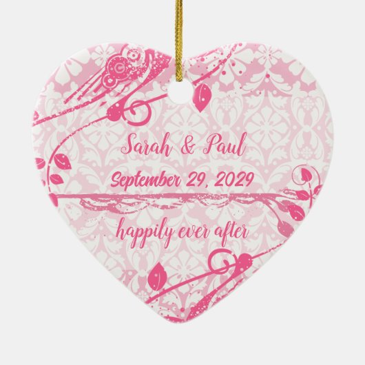 私たちの結婚ピンクのダマスクの渦巻き写真オーナメント セラミックオーナメント (裏面)