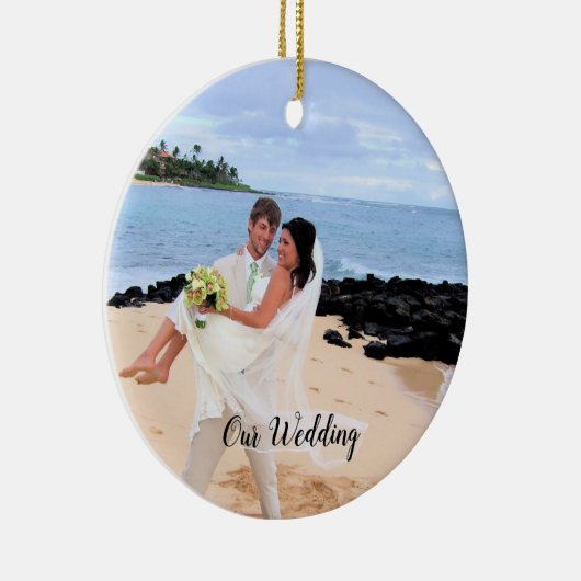 私たちの結婚ブラックダマスクの写真オーナメント セラミックオーナメント (右)