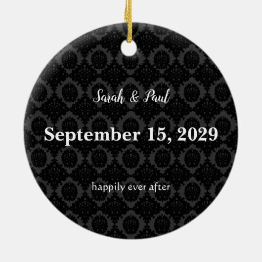 私たちの結婚ブラックダマスクの写真オーナメント セラミックオーナメント (裏面)