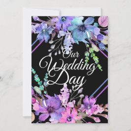 私たちの結婚式の日の花パープルホワイトタイポグラフィ 招待状