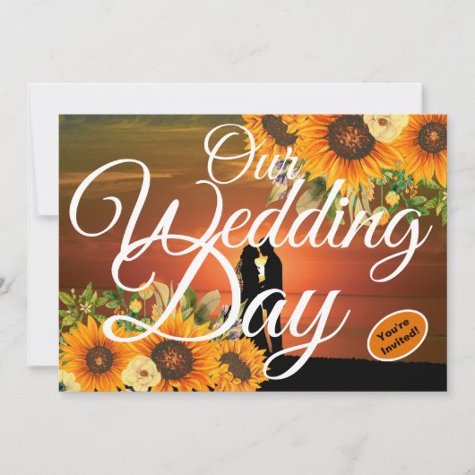 私たちの結婚式の日ひまわりサンセットホワイトタイポグラフィ 招待状 (正面)
