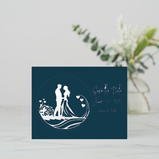 私たちの結婚式の日カップル銀箔の日付を保存 箔招待状ポストカード (立ち正面)