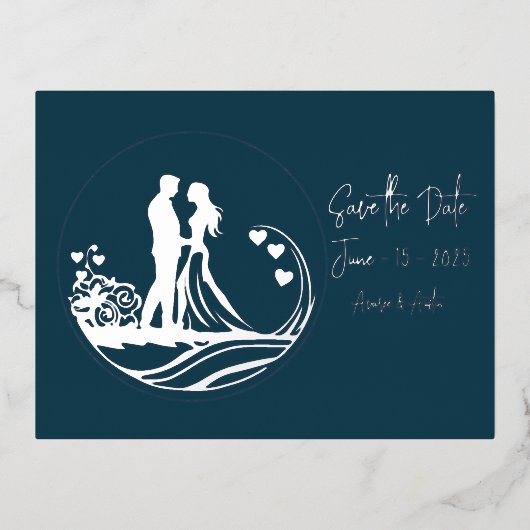 私たちの結婚式の日カップル銀箔の日付を保存 箔招待状ポストカード (正面)