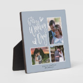 私たちの結婚式の日コラージュ3フォトスクリプトほこりっぽいブルー フォトプラーク (正面)