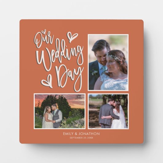 私たちの結婚式の日コラージュ3写真スクリプトテラコッタ フォトプラーク (正面)
