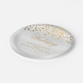 私たちの結婚式の日ホワイトサテン&金ゴールド紙吹雪ドット ペーパープレート (アングル)