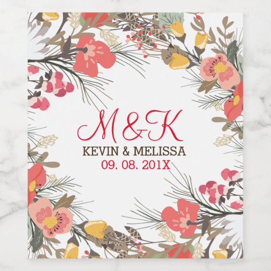 私たちの結婚式の日モノグラムののカラフル花 ワインラベル (シングルラベル)