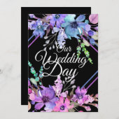 私たちの結婚式の日 花 紫 白 タイポグラフィー 招待状 (正面/裏面)
