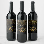 私たちの結婚式の日 – 金ゴールド紙吹雪ドット – 黒 ワインラベル (ボトル)