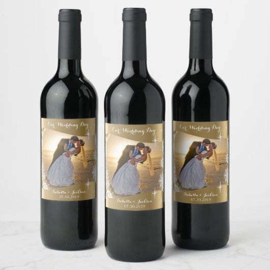 私たちの結婚式の日 – DIY写真 ワインラベル (ボトル)