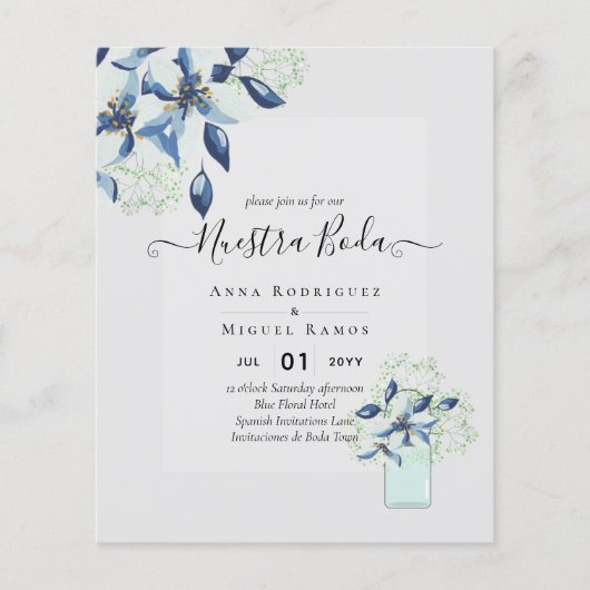 『私たちの結婚式』 ネイビーブルーの花のブーゲ予算 招待状 チラシ (正面)