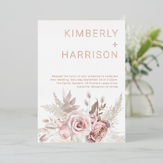 私たちの結婚素晴らしい：バラ金ゴールドと赤面フローラ 箔招待状 (立ち正面)