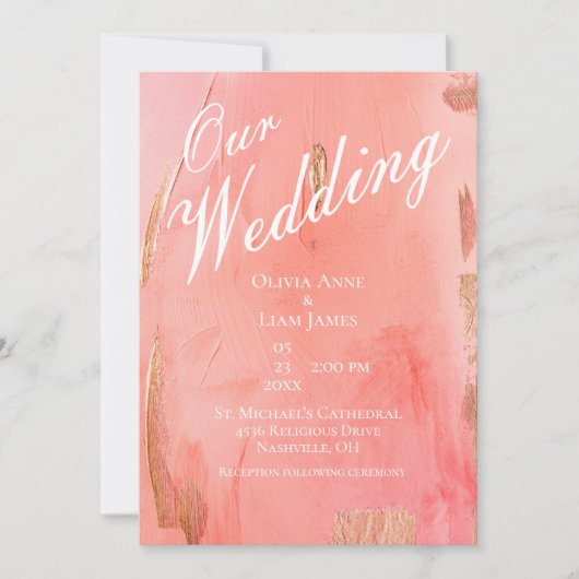 私たちの結婚金ゴールドピンクピーチモダンエレガントな結婚式 招待状 (正面)