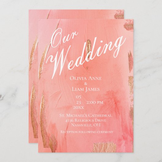 私たちの結婚金ゴールドピンクピーチモダンエレガントな結婚式 招待状 (正面/裏面)