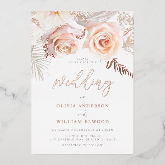 私たちの美結婚しい：赤面フローラとバラ金ゴールド 箔招待状 (正面)