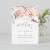 私たちの美結婚しい：赤面フローラとバラ金ゴールド 箔招待状 (立ち正面)