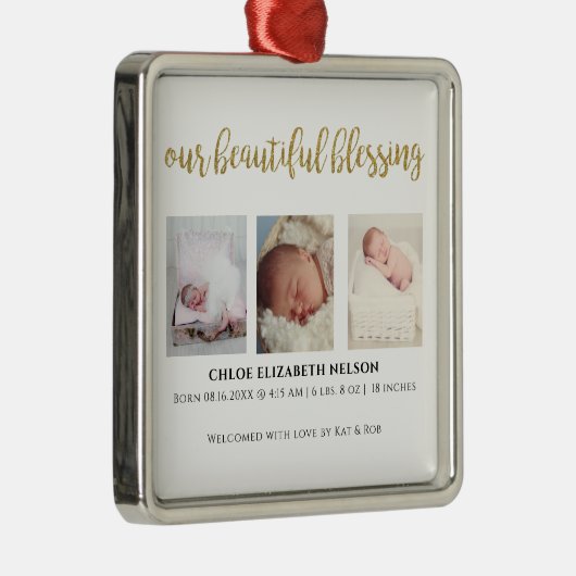 私たちの美賛美しい3つの写真金ゴールドグリッターモダン メタルオーナメント (右)