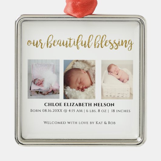 私たちの美賛美しい3つの写真金ゴールドグリッターモダン メタルオーナメント (正面)