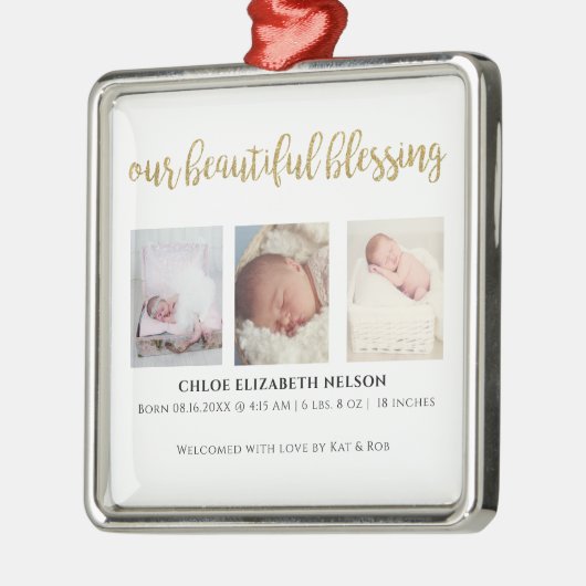 私たちの美賛美しい3つの写真金ゴールドグリッターモダン メタルオーナメント (左)