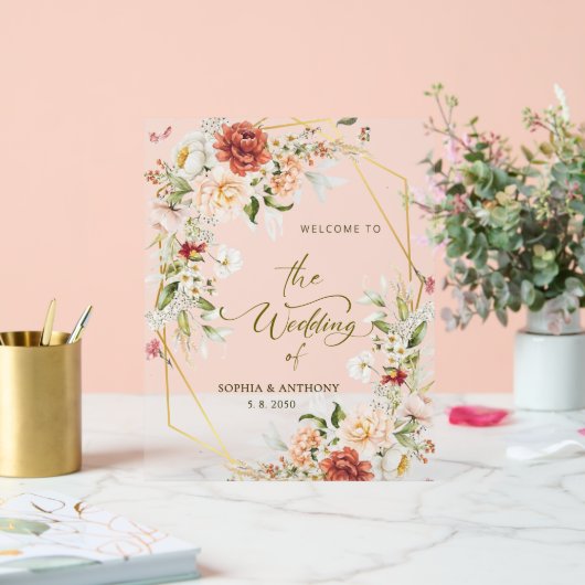 私たちの葉の結婚金ゴールド幾何学的へようこそ アクリルサイン (ウェディング)