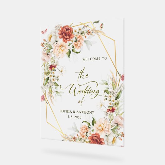 私たちの葉の結婚金ゴールド幾何学的へようこそ アクリルサイン (傾斜)