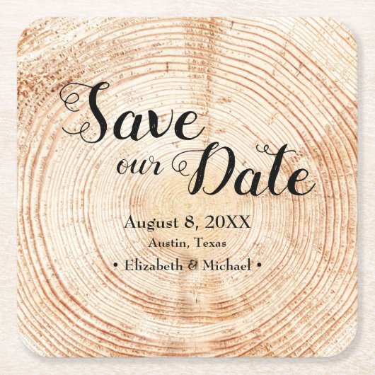 私たちの記念日を大切に 木目 結婚式 ラスティック スクエアペーパーコースター (正面)