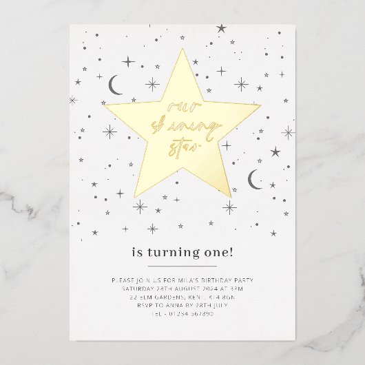 私たちの輝くスター誕生日-金ゴールド 箔招待状 (正面)