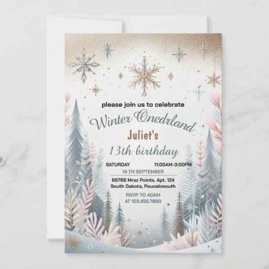 私たちの青い女の子の雪Winter Onederland 13th誕生日 招待状 (正面)
