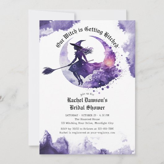 私たちの魔女は紫のヒッチングを受けているブライダルシャワー 招待状 (正面)