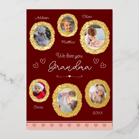 私たちはあなたのおばあちゃん大好き6つの写真とハート金ゴールド 箔シーズンカード (正面)