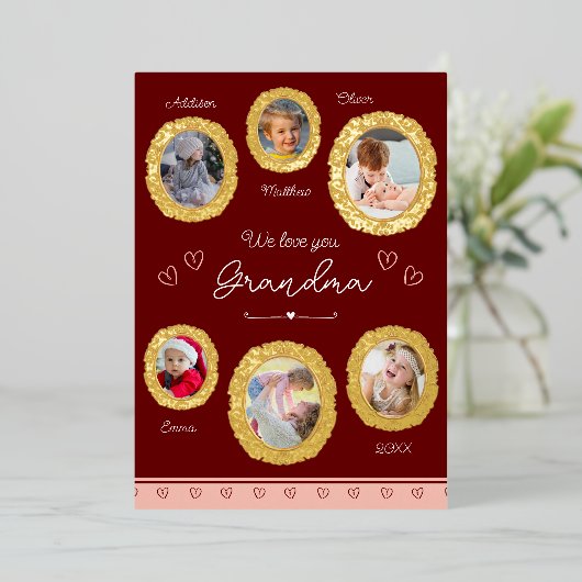 私たちはあなたのおばあちゃん大好き6つの写真とハート金ゴールド 箔シーズンカード (立ち正面)