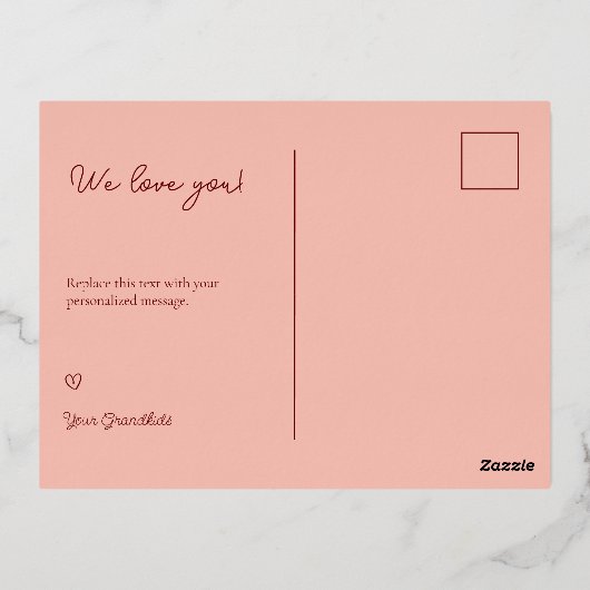 私たちはあなたのおばあちゃん大好き6つの写真とハート金ゴールド 箔シーズンポストカード (裏面)