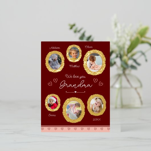 私たちはあなたのおばあちゃん大好き6つの写真とハート金ゴールド 箔シーズンポストカード (立ち正面)