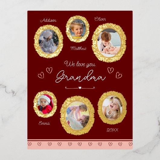 私たちはあなたのおばあちゃん大好き6つの写真とハート金ゴールド 箔シーズンポストカード (正面)