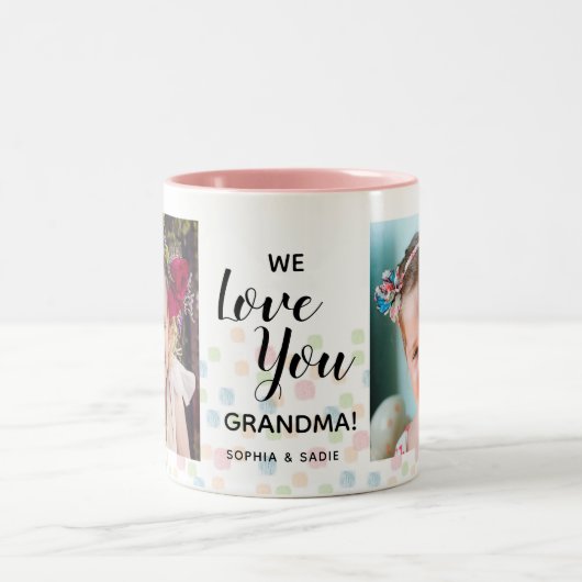 私たちはあなたの祖母を愛する2写真 ツートーンマグカップ (中央)