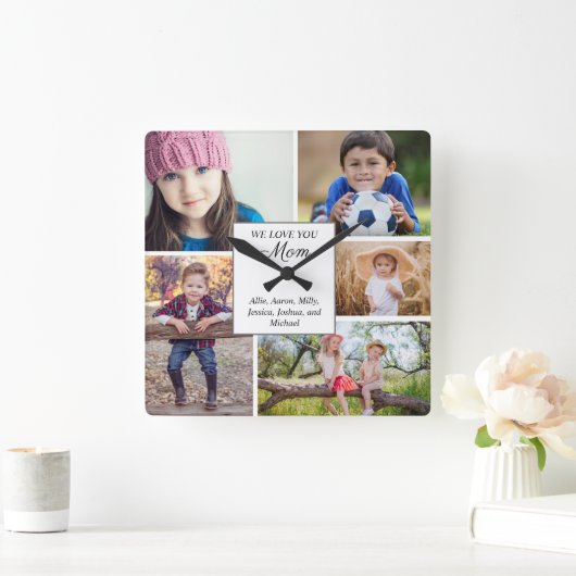 私たちはあなたを愛しカスタムているママの家族5写真の子ども スクエア壁時計 (ホーム)