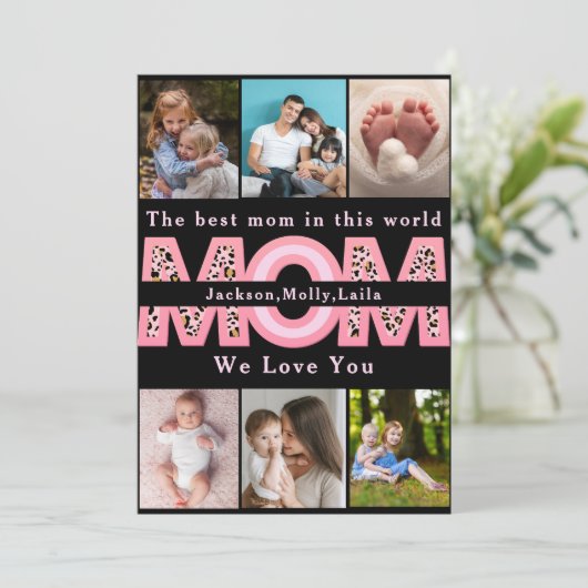 私たちはあなたを愛するママピンクのミニマリスト6写真コラージュ シーズンカード (スタンド正面)