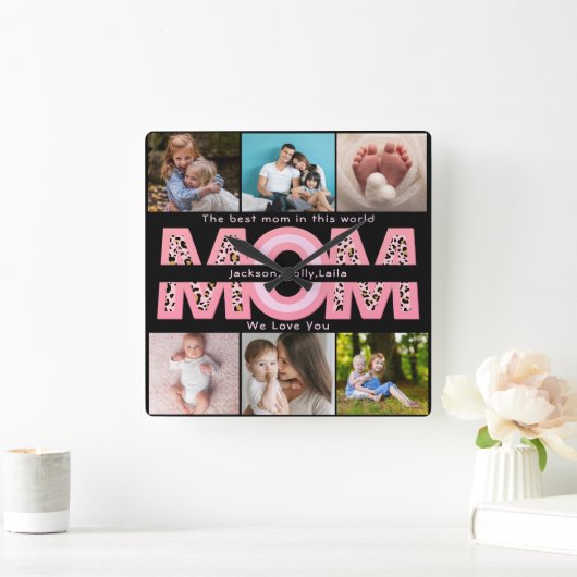 私たちはあなたを愛するママピンクのミニマリスト6写真コラージュ スクエア壁時計 (ホーム)