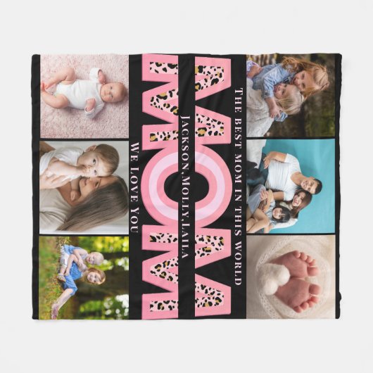 私たちはあなたを愛するママピンクのミニマリスト6写真コラージュ フリースブランケット (正面(横))