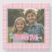 私たちはあなたを愛するママ写真ピンクの格子柄の母の日 ストーンコースター (正面)