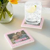 私たちはあなたを愛するママ写真ピンクの格子柄の母の日 ストーンコースター